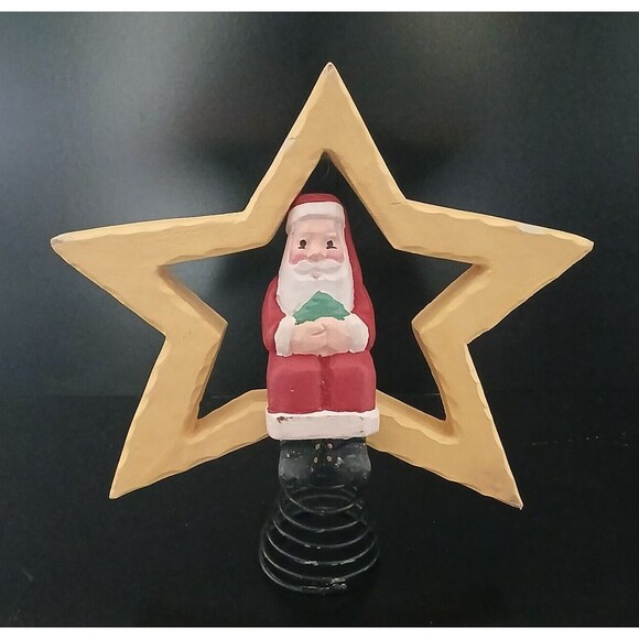 Tree Topper Santa Sitting on a Star Wood & Metal Springy Holiday Decoration 9.5" - Picture 2 of 11